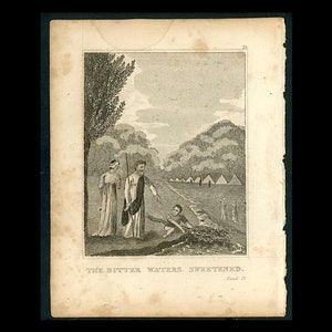tiny! c. 1825 BITTER WATERS SWEETENED engraving • Scripture History • original antique print • religious art • illustrated Bible • Exodus
