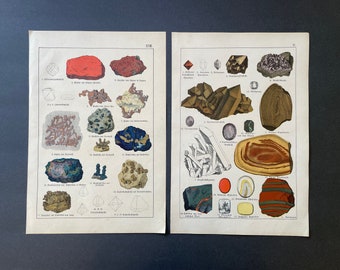 c. 1878 • GEMS & MINERALS lithographs • set of 2 original antique prints • mineralogy prints• geology print • rocks • ores • precious stones