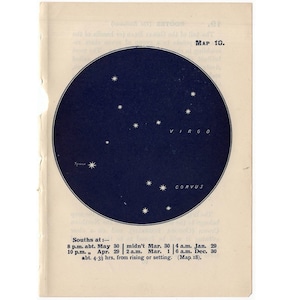 1948 VIERGE CONSTELLATION ÉTOILES lithographie - mini carte des constellations - estampe originale vintage - astronomie céleste - no 18
