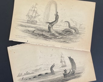 RARE! c. 1839 SEA MONSTER engravings • set of 2 original antique prints • sea serpent prints • Jardine prints • sea creatures • mythological