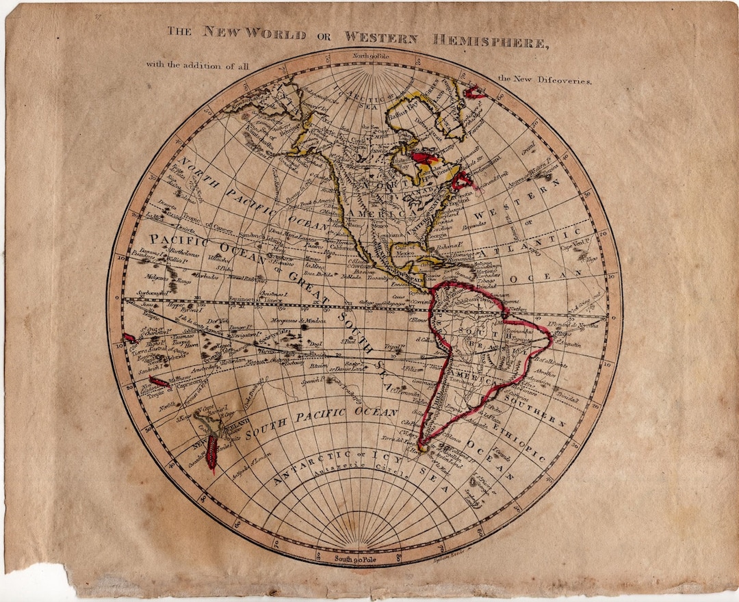 C. 1809 THE NEW WORLD Map Original Antique Print Hand Colored Engraving