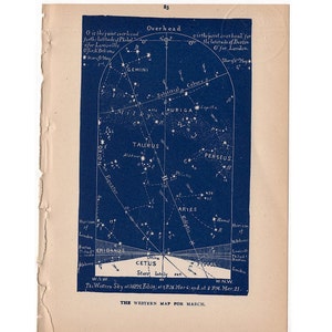 c. 1891 MÄRZ STERNE Celestial Lithographie • original antike Astronomie Himmelskarte Lithographie - Westliche Landkarte für März