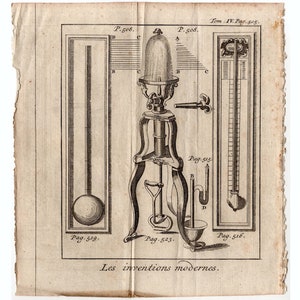 um 1737 MODERN INVENTIONS ENGRAVING - original antiker Druck - ein Pendel, ein Brunnen und ein Thermometer