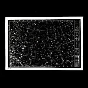 May include: A black and white star chart with a grid pattern and a legend on the right side. The chart shows the constellations of the Northern Hemisphere.
