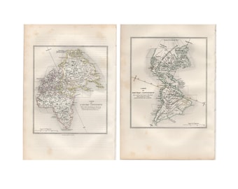 Mapas del Viejo y Nuevo Mundo, c. 1858 • Grabados antiguos originales • Coloreados a mano • Mapa del hemisferio occidental • Mapa del hemisferio oriental • Continentes del mundo