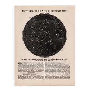 c. 1910 APRIL & MEI STARS-print • originele antieke print • sterrenkaart sterrenbeelden • hemelse print• astronomieprint • Maandelijkse sterrenkaart