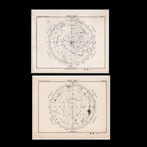 H. 1892 STERN KARTE Lithographien • 2 Stück original antike Drucke • Himmelskörper • Astronomie • Konstellation Nord- & Südpol • Hemisphäre