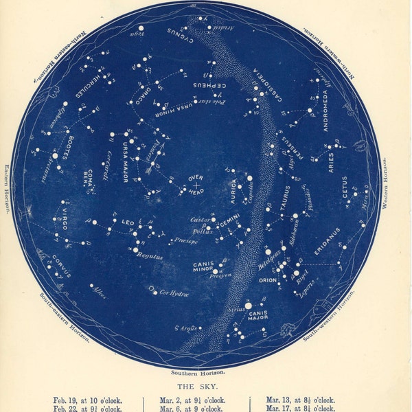 1921 february & march constellations star map original antique celestial astronomy chart