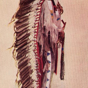 May include: Watercolour illustration of a Native American man in profile, wearing a feathered headdress and traditional clothing. The headdress features white and brown feathers. The clothing includes a fringed shawl and decorated leggings.