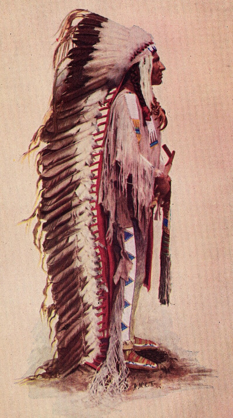 May include: Watercolour illustration of a Native American man in profile, wearing a feathered headdress and traditional clothing. The headdress features white and brown feathers. The clothing includes a fringed shawl and decorated leggings.