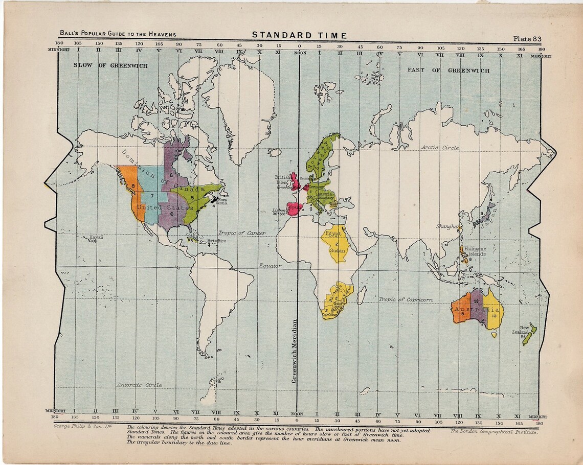 Um 1910 STANDARD TIME MAP Weltkarte Lithographie original Etsy