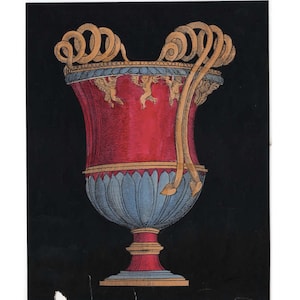 c. 1866 ANTIQUE PITCHER VASE lithograph - rare & unusual hand colored original antique print - decorative vases and vessels - red blue gold