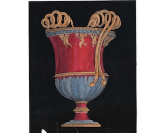 c. 1866 ANTIQUE PITCHER VASE lithograph - rare & unusual hand colored original antique print - decorative vases and vessels - red blue gold