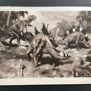 c. 1960 PREHISTORIC ANIMALS lithograph • original vintage print • extinct animals • dinosaur scene • Paleo Art • stegosaurus & ceratosaurus