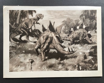 c. 1960 PREHISTORIC ANIMALS lithograph • original vintage print • extinct animals • dinosaur scene • Paleo Art • stegosaurus & ceratosaurus