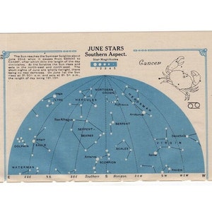 1920 KANKER sterrenkaart originele vintage hemelse astronomie lithografie - juni sterren zuidelijk aspect & juli sterren noordelijk aspect