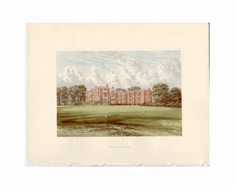 May include: A vintage illustration of a large brick building with a green lawn in front. The building has many windows and a tall roof. The sky is blue with white clouds and birds flying.