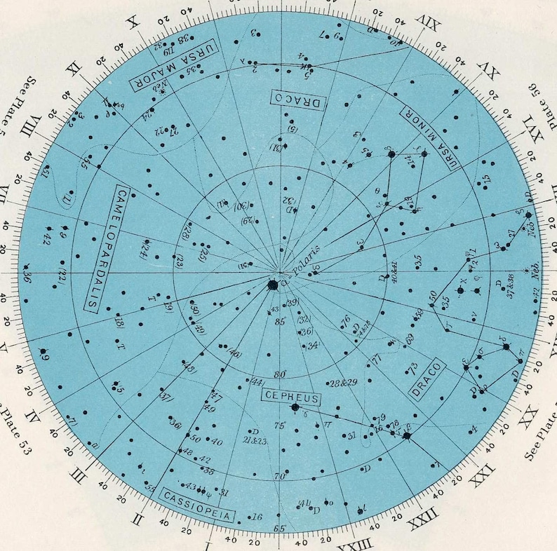 c. 1955 STAR MAP 51 original antique PRINT celestial print astronomy print constellation of North Pole Northern Hemisphere stars image 2