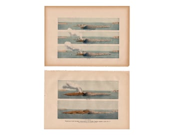 VOLCANO lithographs c.1900 - original antique volcanic prints - volcanic ash - volcano erupting - crater - lava print - set of 2 prints