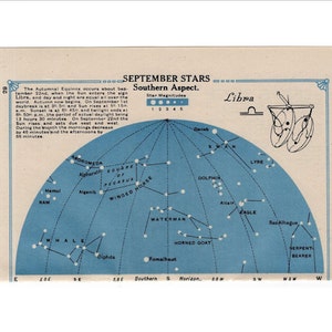 1920 WEEGSCHAAL sterrenkaart originele vintage hemelse astronomie lithografie - SEPTEMBER sterren zuidelijk aspect & OKTOBER sterren noordelijk aspect