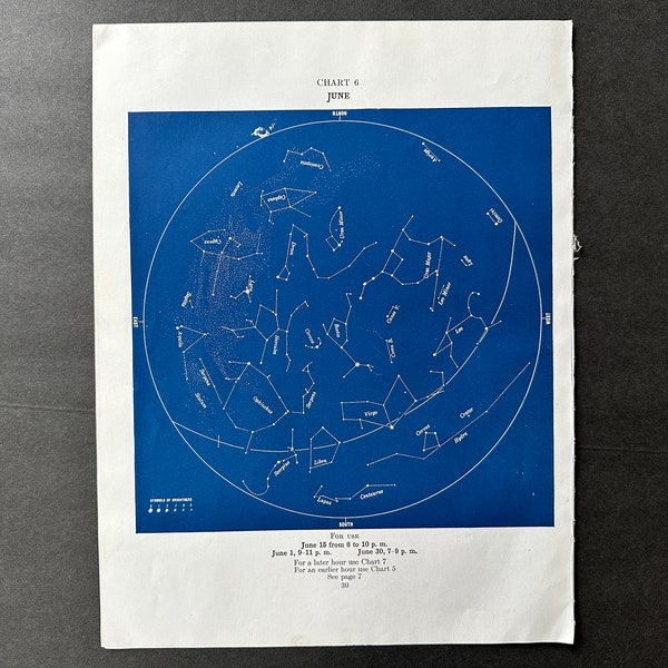 c. 1928 JUNE CONSTELLATIONS lithograph • original vintage print • star map of the Month • celestial print • astronomy print • birthday