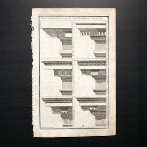 May include: A black and white engraving of architectural details. The image shows six different examples of cornice details, each with a unique design. The text at the top of the image reads "Profil de la Corniche telle qu'on la voit au Palais de l'Empéreur dans la Ville de Rome."