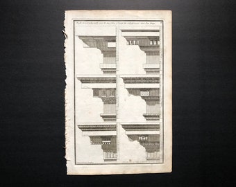 1757 ARQUITECTURA DETALLES cornice perfiles originales de la arquitectura francesa antigua edificio grabado -