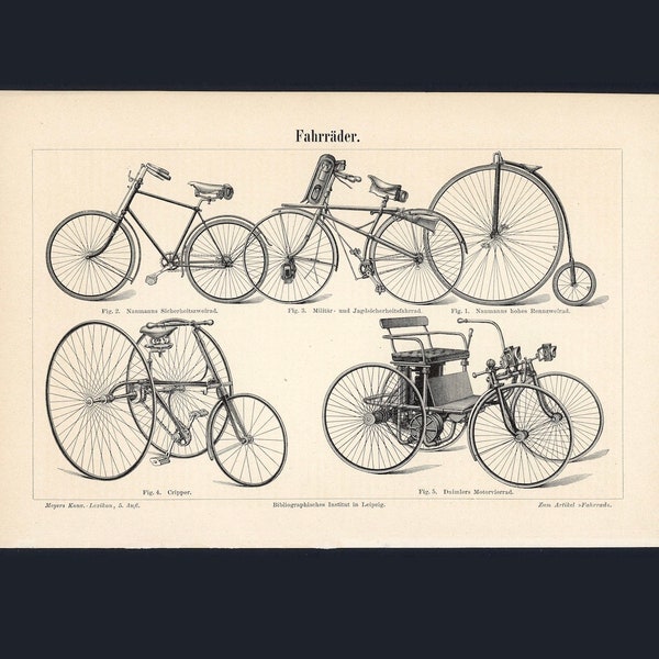 c. 1894 BICYCLES PRINT - antique lithograph - antique bicycle print - old vintage bicycles - art for bicyclist - tricycle & quadracycles