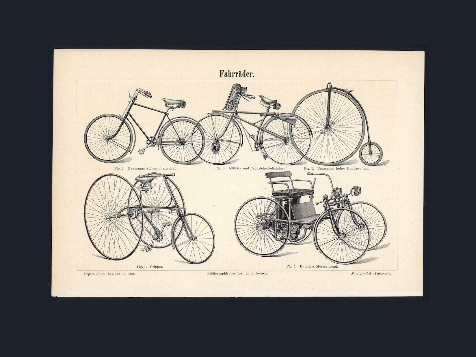 c. 1894 BICYCLES PRINT - antique lithograph - antique bicycle print - old vintage bicycles - art for bicyclist - tricycle & quadracycles