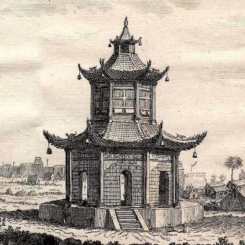 May include: A black and white engraving of a traditional Chinese pagoda with a tiered roof and multiple windows. The pagoda is surrounded by a fence and trees.