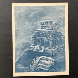 c. 1948 MAYA TEMPLE of 8th century lithograph • original vintage print • celestial print • historical astronomy print •