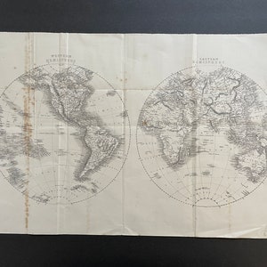 c. 1860 WORLD HEMISPHERES MAP • original antique map • World map • antique engraving • Western Hemisphere & Eastern Hemisphere •
