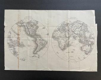 半球ごとに区分されたアンティークの世界地図。1930年代のドイツ製地図