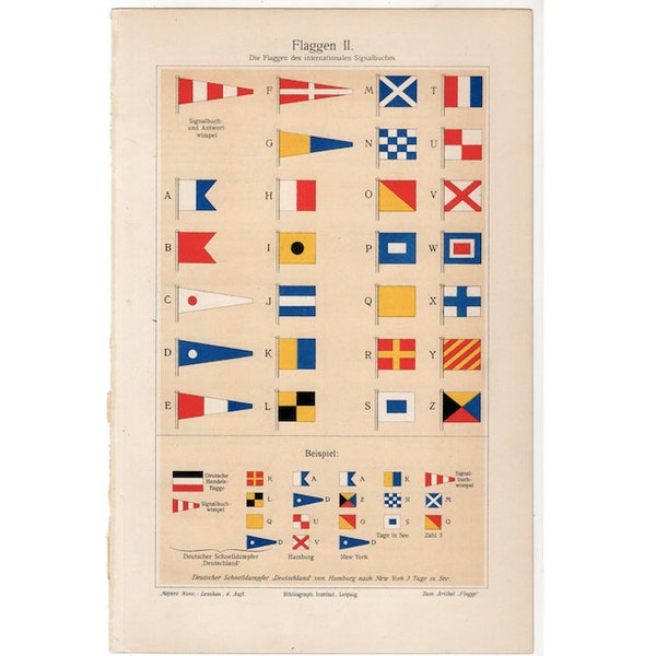 c. Lithographie DRAPEAU DES MARITIMES 1894 • gravure ancienne originale • drapeaux de signalisation • drapeaux marins internationaux • drapeaux marins • drapeaux alphabétiques •