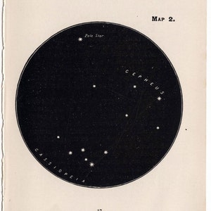 c. Mini étoiles CASSIPOEIA de 1903 • figurines de constellations • estampe ancienne originale • impression d'astronomie céleste en noir •