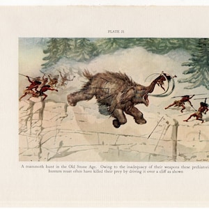 c. 1934 MAMMOTH HUNT print original vintage prehistoric culture lithograph - stone age hunting scene