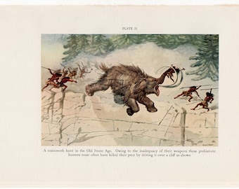 c. 1934 MAMMOTH HUNT print original vintage prehistoric culture lithograph - stone age hunting scene