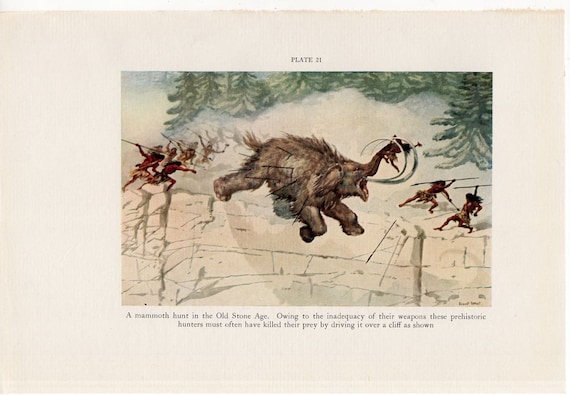 C. 1934 MAMMOTH HUNT Print Original Vintage Prehistoric Culture Lithograph  Stone Age Hunting Scene - Etsy