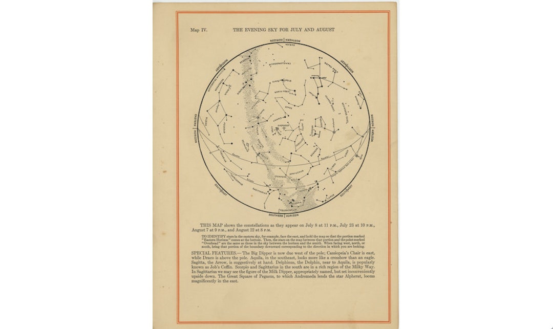 STAR MAP C. 1926 • Evening Sky in July & August • Original STAR MAP C. 1926 • Evening Sky in July & August • Original