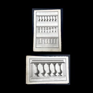 c. 1757 ARCHITECTURE DETAILS engravings • original antique print • French architecture building plan • balusters & balustrade • set of two
