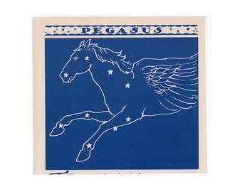 c. 1935 PEGASUS constellation lithograph • original vintage print • astronomy print - key stars of the sky - blue celestial • winged horse