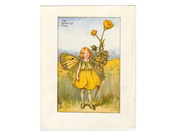 c. 1935 BUTTERCUP FLOWER FAIRY lithograph • original vintage print • botanical print • flower garden print • yellow flower fariies