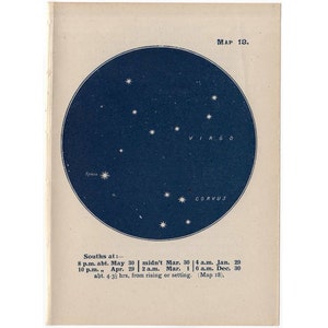 c. 1944 VIRGO & CORVUS constelación de la constelación de la estrella mapa litografía - impresión vintage original - carta de astronomía celestial de las estrellas - raro