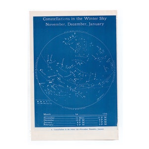H. 1944 WINTER HIMMEL KONSTELLATIONEN Druck • alte • Astronomie • blaue Himmelskörper • Sternenkarte Monate November Dezember Januar