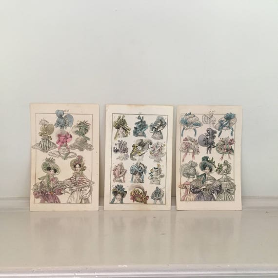 19thC HATS • FASHION engravings • set of 3 original antique prints •  French fashion • hand colored - Millinery prints • fashion accessory