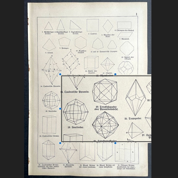 c. 1878 CRYSTAL SHAPES lithograph • antique geology print • precious gems print • mineralogy print - minerals print