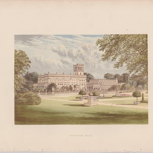 H. 1880 ENGLISH MANOR Druck • antiker Originaldruck • Architektur • Schlossherr • Druck von Trentham Hall