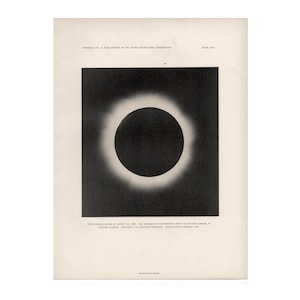 Peut inclure: Une impression vintage en noir et blanc d'une éclipse solaire totale. L'image montre un cercle sombre entouré d'une couronne brillante, sur un fond clair. Le texte en haut et en bas de l'impression donne des détails sur l'éclipse.