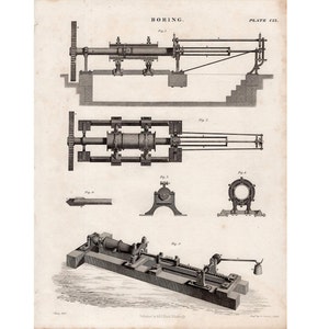 c. 1860 BORING DRILL print • original antique print • science print • machine print •  mine drill tunnel