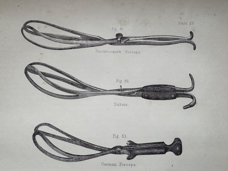OBSTETRICAL FORCEPS Lithograph C. 1800's • Original Antique Print ...